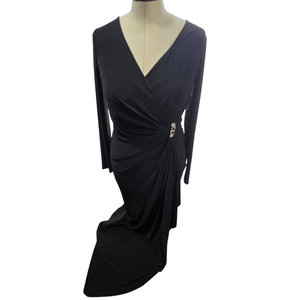 Lauren Ralph Lauren Evening Gown Women 10 Black Faux Wrap Rhinestone Brooch Maxi